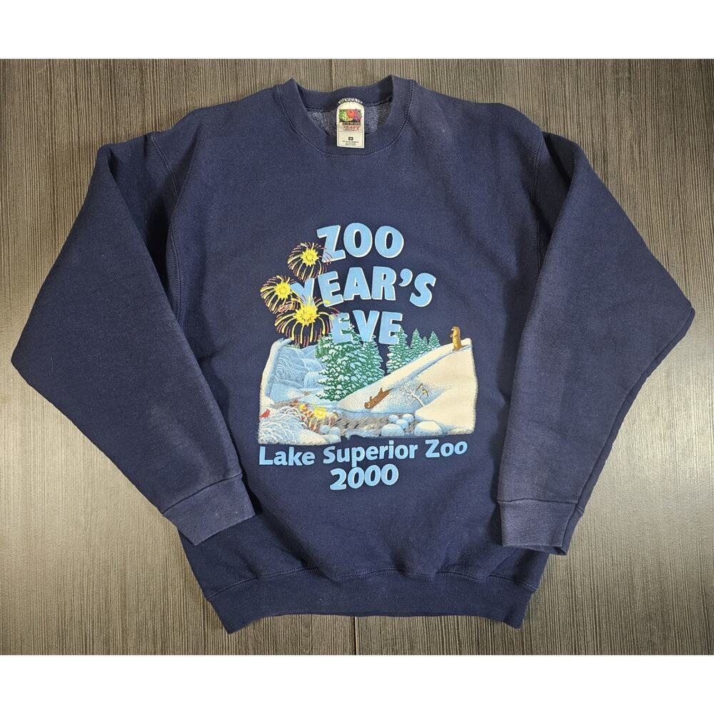 Vintage Lake Superior Zoo New Years Y2K Animal Print Sweatshirt Sz Medium